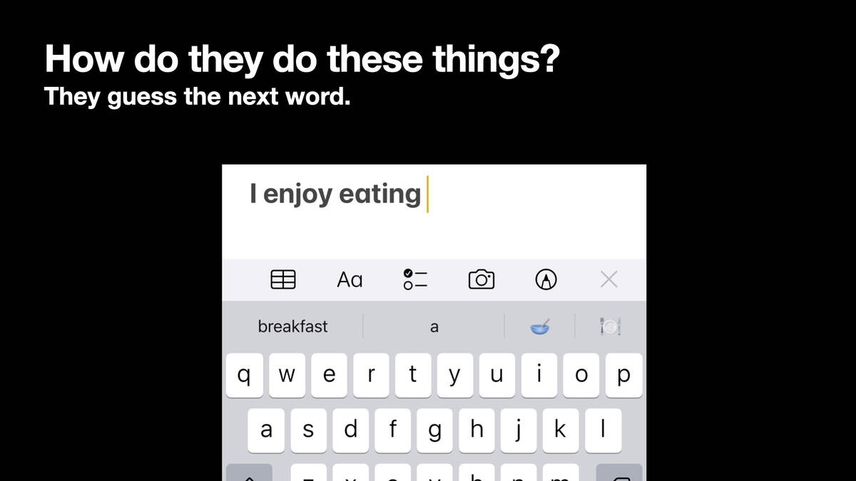 How do they do these things? They guess the next word.  A screenshot of the iPhone keyboard. I have entered "I enjoy eating". It is suggesting "breakfast" or "a" as the next word.