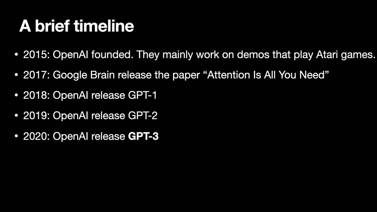 2018: OpenAI release GPT-1 2019: OpenAI release GPT-2 2020: OpenAI release GPT-3