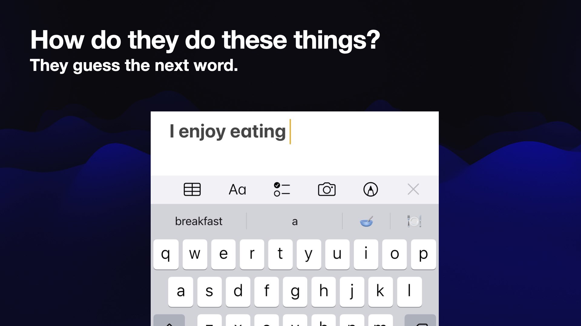 How do they do these things? They guess the next word.  Screenshot of the iOS predictive text keyboard.  I enjoy eating  It suggests "breakfast" or "a" as the next word.