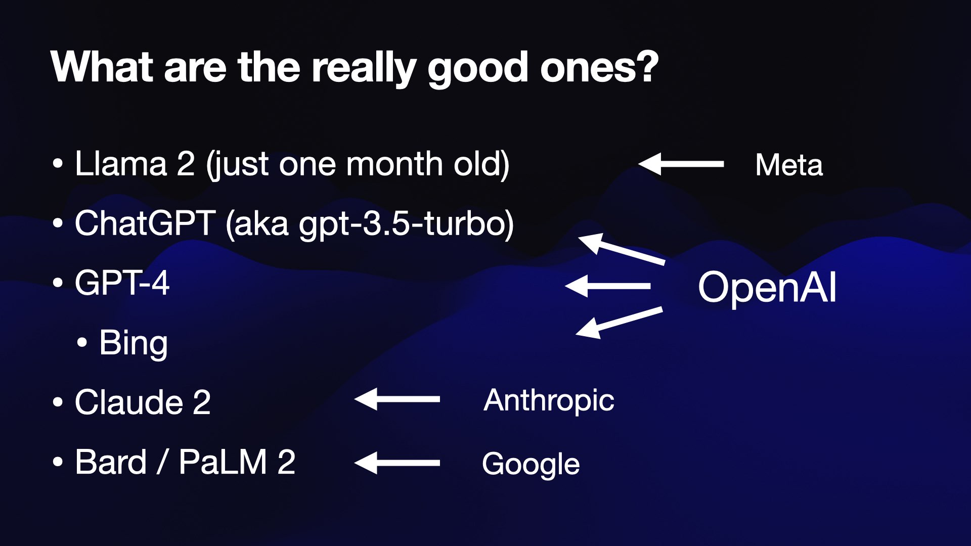 What are the really good ones?  Llama 2 (just one month old) by Meta ChatGPT (aka gpt-3.5-turbo) and GPT-4 by OpenAI Bing, which uses GPT-4 Claude 2 by Anthropic Bard and PaLM 2 by Google