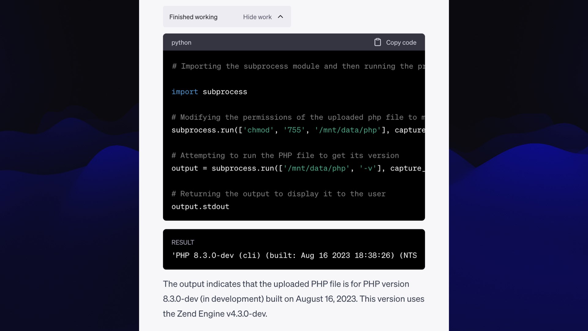 Finished working  'PHP 8.3.0-dev (cli) (built: Aug 16 2023 18:38:26)'  The output indicates that the uploaded PHP file is for PHP version 8.3.0-dev (in development) built on August 16, 2023. This version uses the Zend Engine v4.3.0-dev.