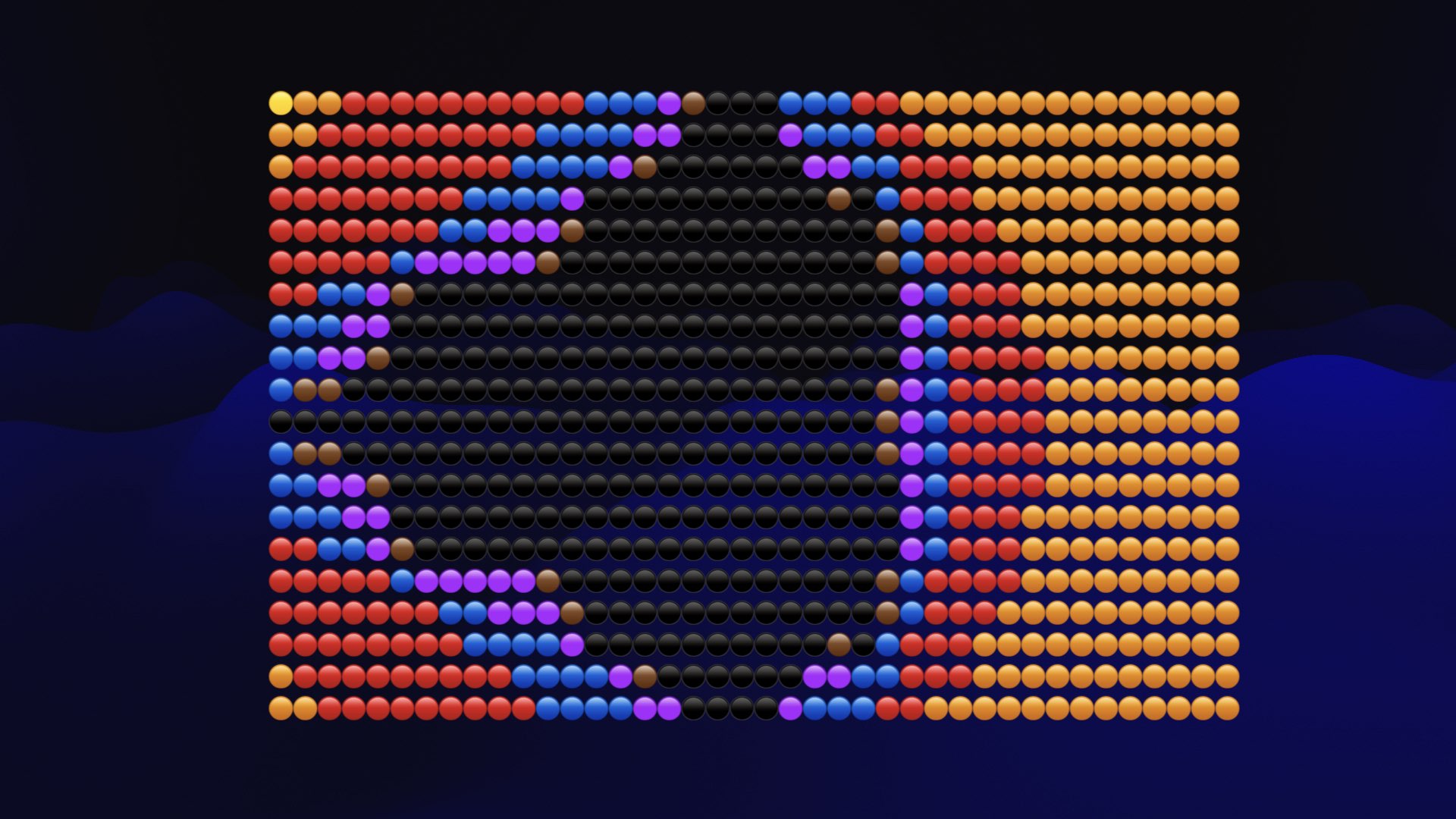 A very visually appealing Mandelbrot fractal made out of emoji circles - red, orange, blue, purple and black.