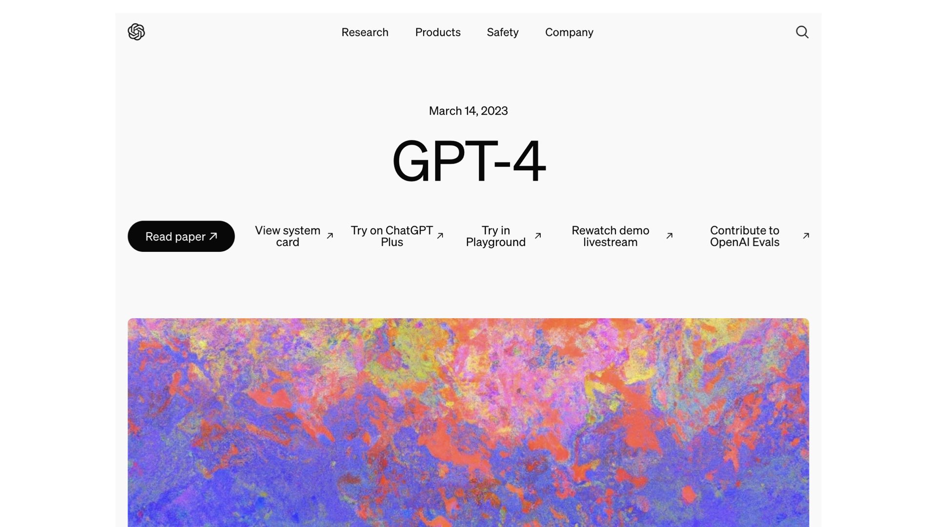 March 14, 2023: GPT-4 - screenshot of the OpenAI launch announcement