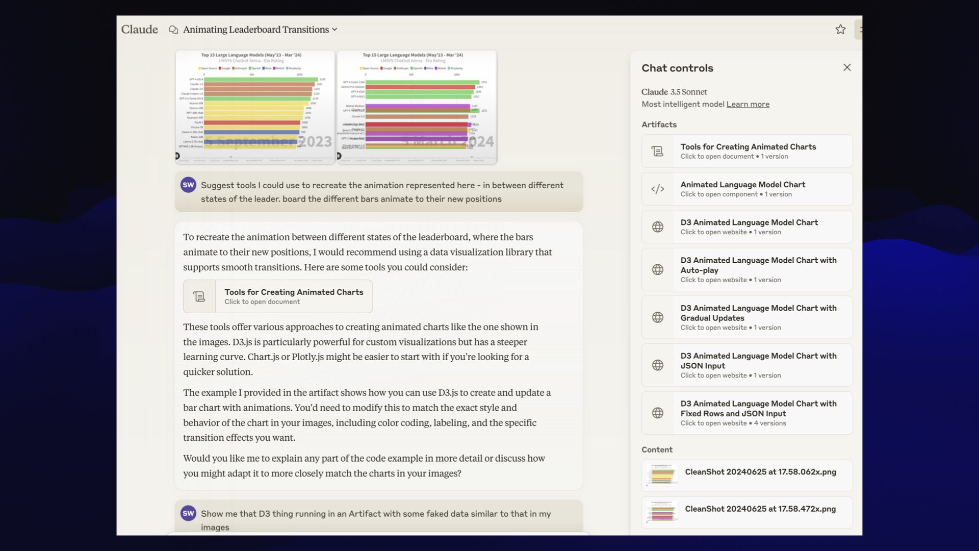 Claude 3.5 Sonnet  Two screenshots of the animation.  Prompt: Suggest tools I could use to recreate the animation represented here - in between different states of the leader board the different bars animate to their new positions  Then later:  Show me that D3 thing running in an Artifact with some faked data similar to that in my images