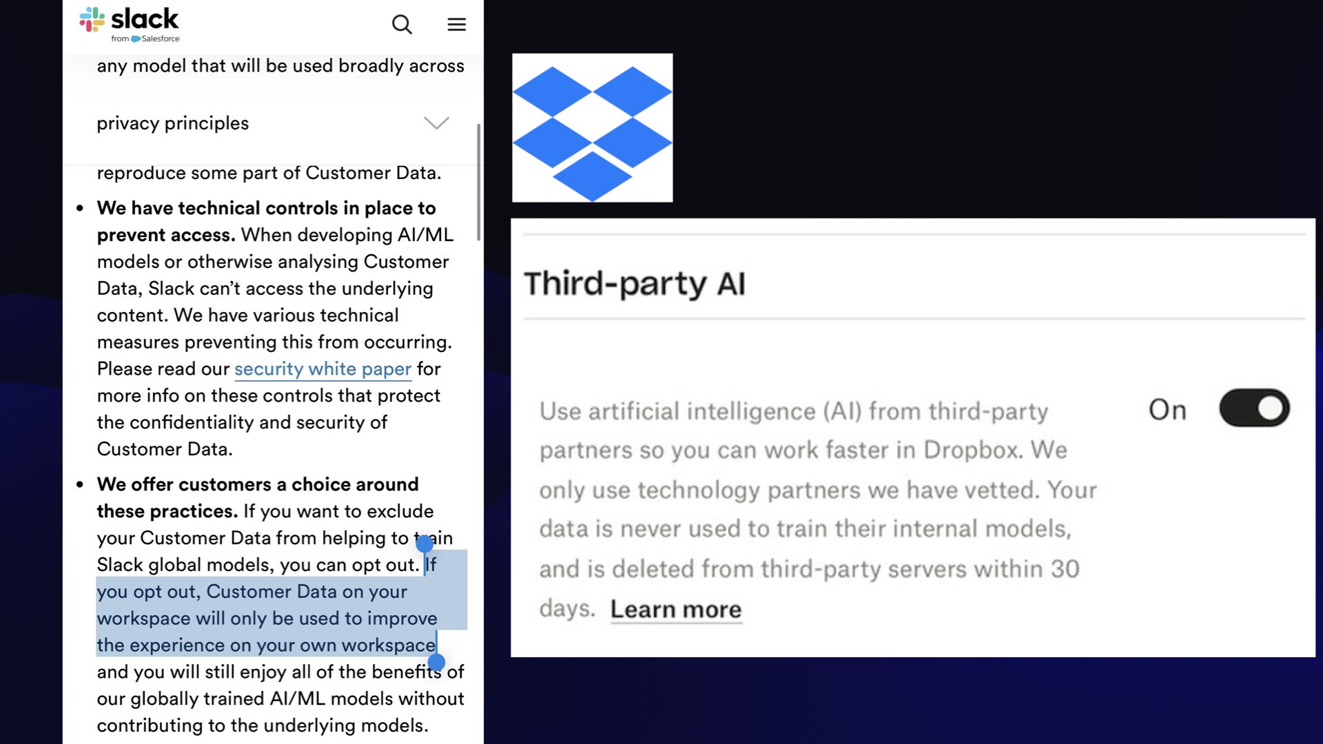 Screenshots of Slack terms and conditions and Dropbox third-party AI checkbox.