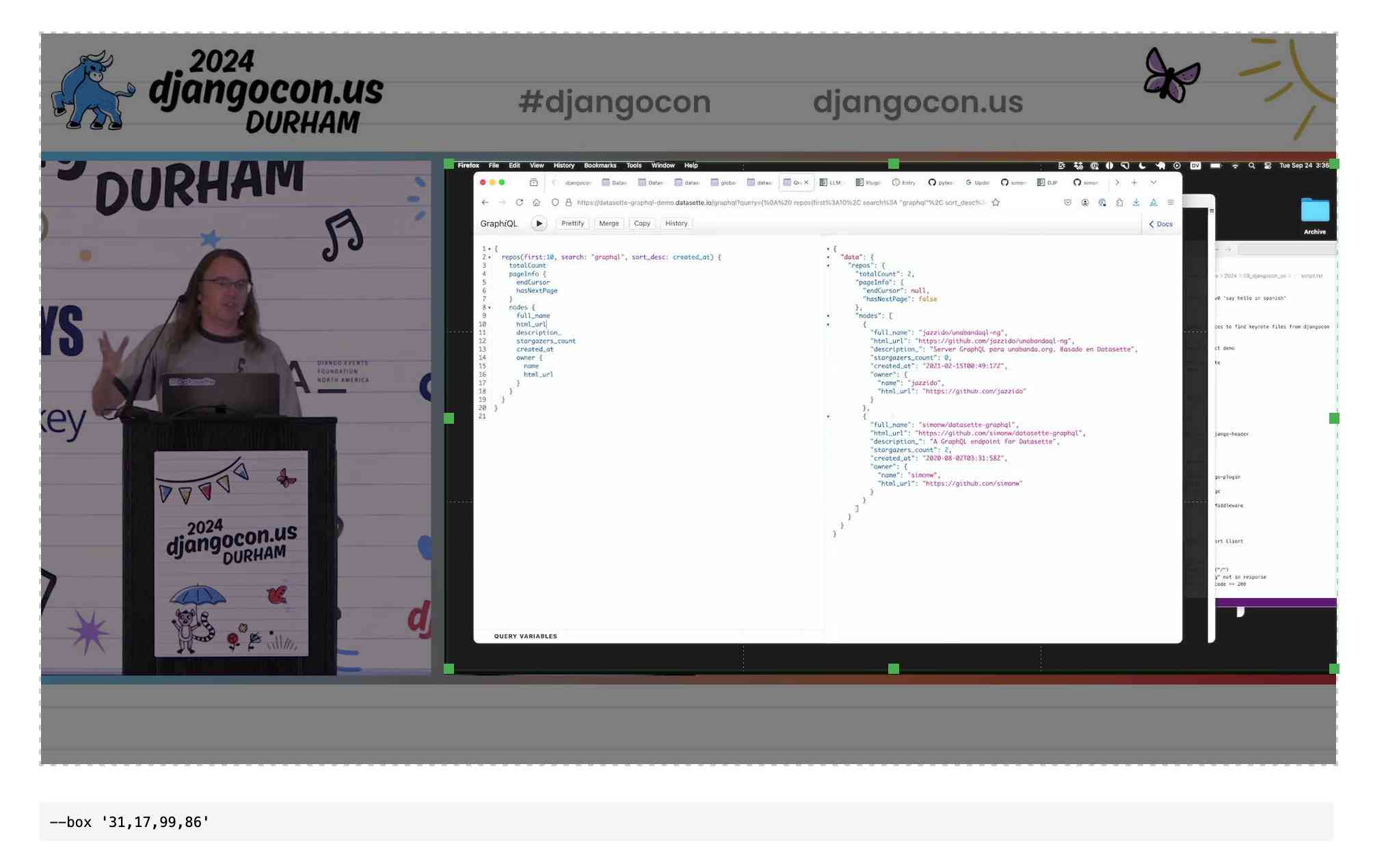 Screenshot of the tool. A frame from a video of a talk I gave at DjangoCon US is shown, with a crop region on it using drag handles for the different edges of the crop. Below that is a box showing --bbox '31,17,99,86'