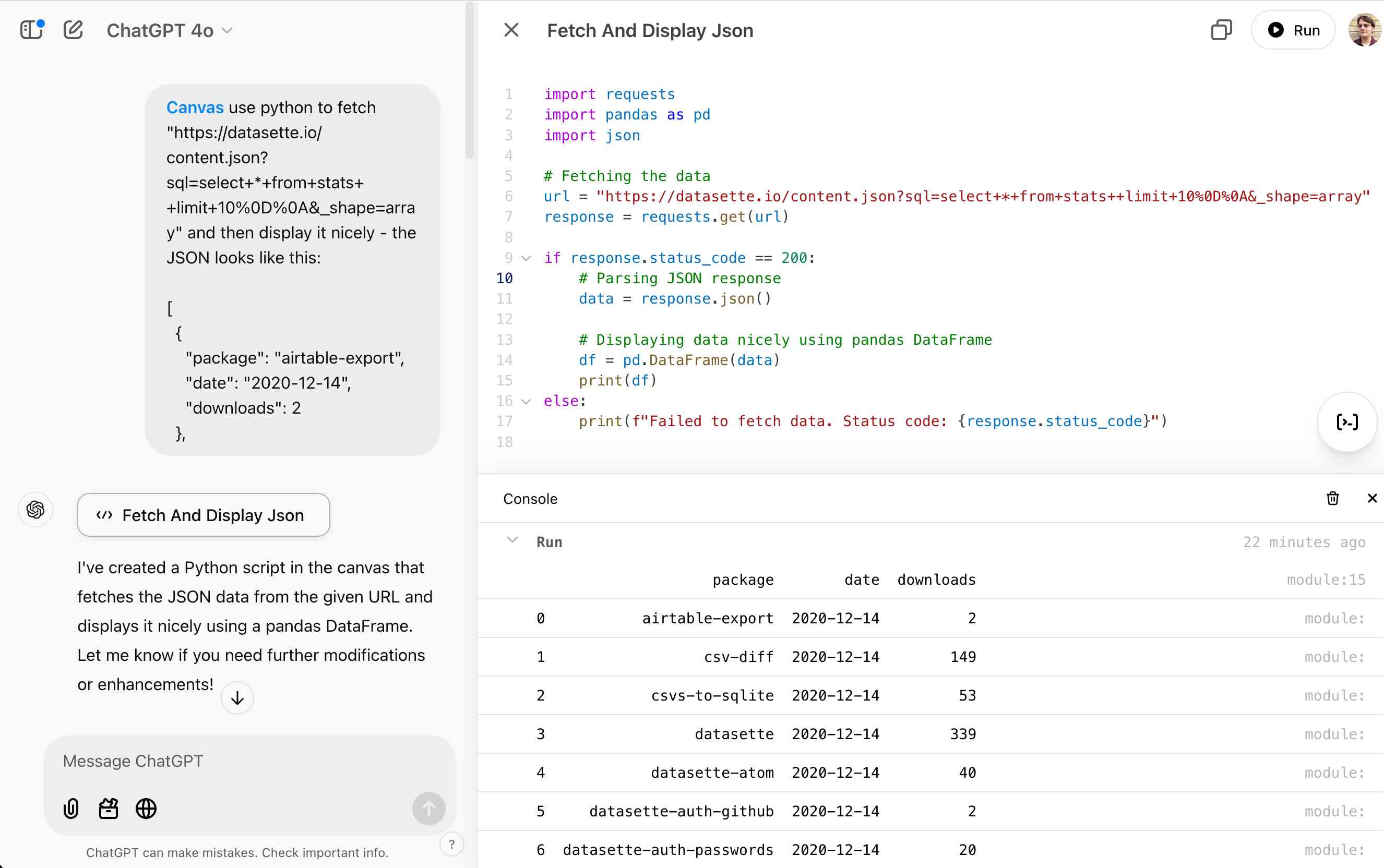 Two columns. On the left is my chat with my prompt. On the right Python code, with a table below showing the results of the API call.