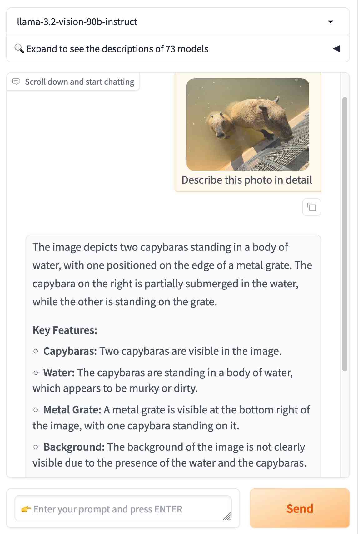 llama-3.2-vision-90b-instruct  A photo of two capybaras  Prompt: Describe this photo in detail  The image depicts two capybaras standing in a body of water, with one positioned on the edge of a metal grate. The capybara on the right is partially submerged in the water, while the other is standing on the grate.  Key Features:      Capybaras: Two capybaras are visible in the image.     Water: The capybaras are standing in a body of water, which appears to be murky or dirty.     Metal Grate: A metal grate is visible at the bottom right of the image, with one capybara standing on it.     Background: The background of the image is not clearly visible due to the presence of the water and the capybaras.
