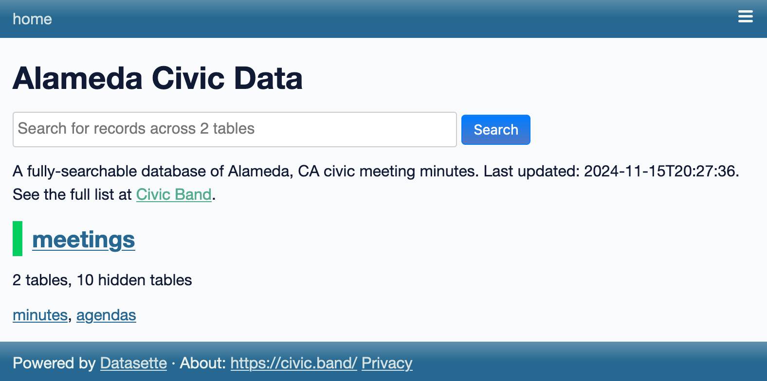 Datasette instance titled Alameda Civic Data, has search box, a note that says  A fully-searchable database of Alameda, CA civic meeting minutes. Last updated: 2024-11-15T20:27:36. See the full list at Civic Band and a meetings database with tables minutes and agendas.