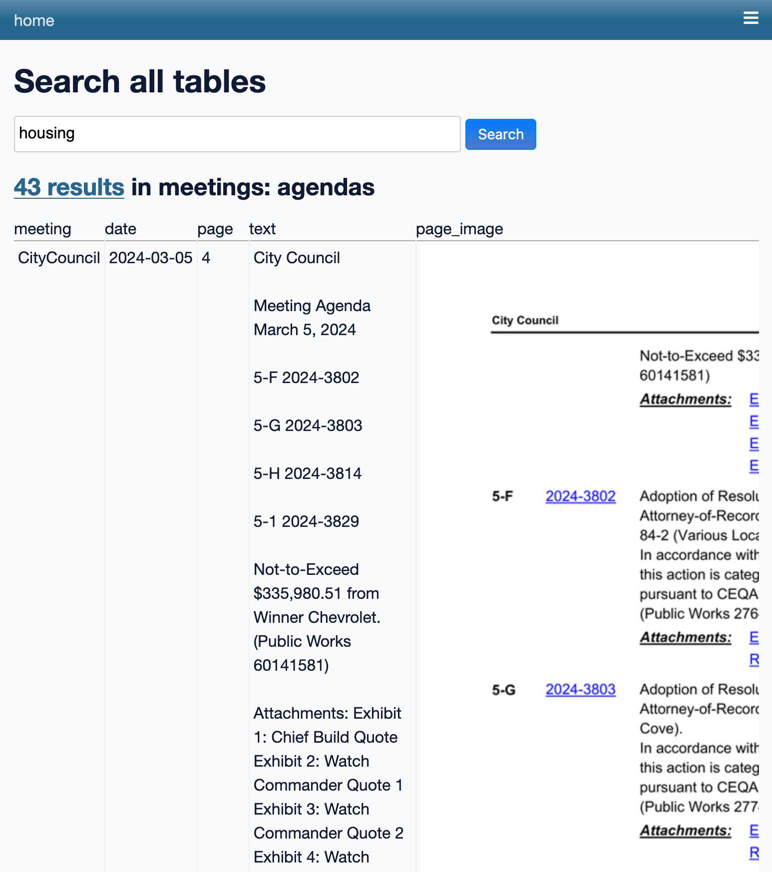 Search all tables - for housing. 43 results in meetings: agendas. Each result shows a meeting, date, page, text and a rendered page image