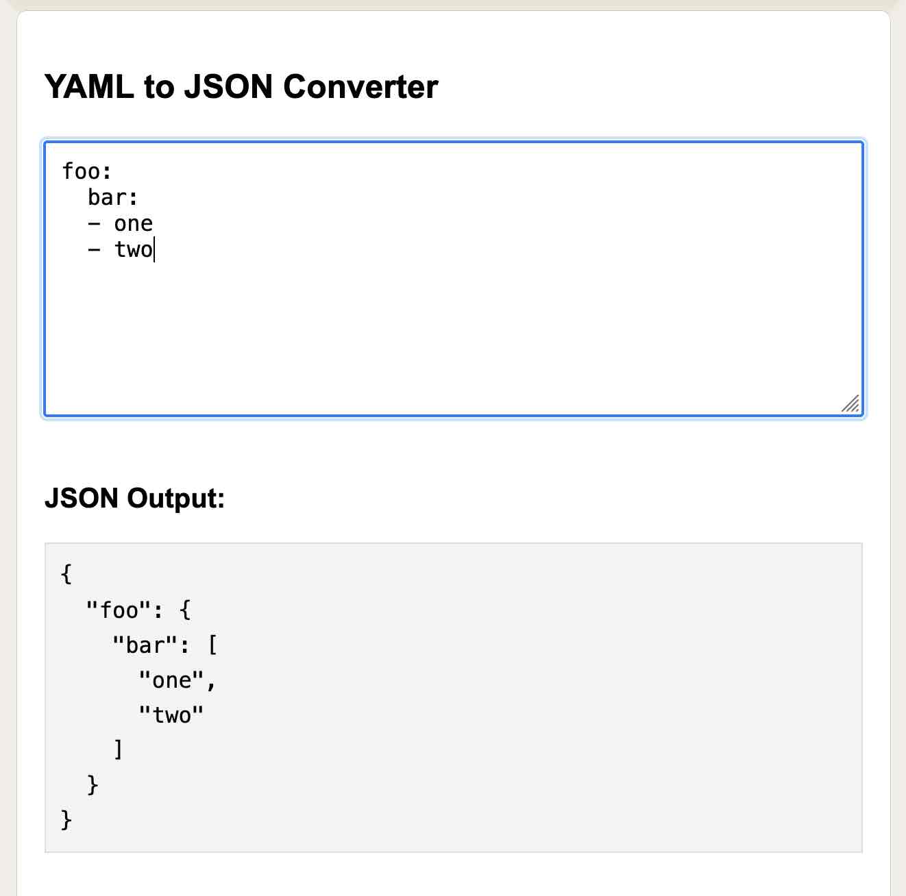 YAML to JSON converter. In the top textarea is YAML. Below it is pretty-printed JSON output.