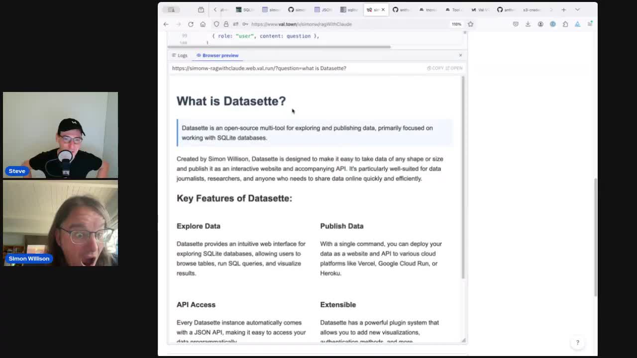 Screnshot of a What is Datasette? page created by Claude 3.5 Sonnet - it includes a Key Features section with four different cards arranged in a grid, for Explore Data, Publish Data, API Access and Extensible.
