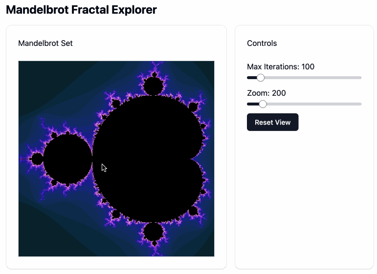 Animated demo of Mandelbrot Fractor Explorer - I can slide the zoom and max iterations sliders and pan around by dragging my mouse on the canvas