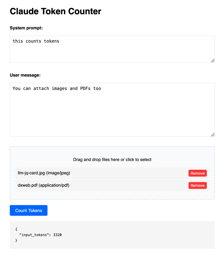 Screenshot of a Claude Token Counter interface showing: Title Claude Token Counter, system prompt this counts tokens, user message You can attach images and PDFs too, file upload area with llm-jq-card.jpg and dxweb.pdf attached (both with Remove buttons), a Count Tokens button, and JSON output showing input_tokens: 3320