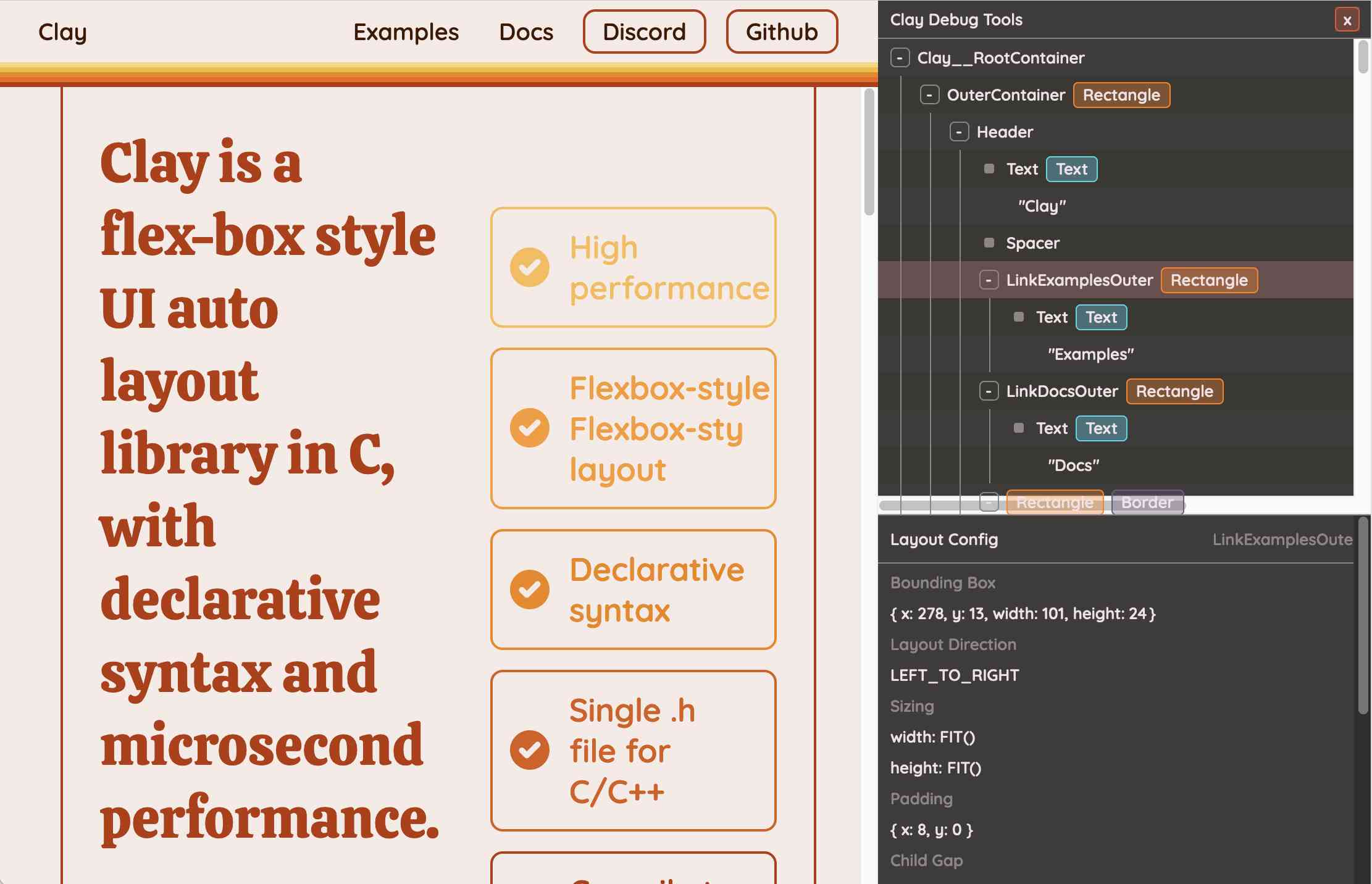 Clay website on the left, on the right is a panel showing a tree of UI layout elements, one has been selected and is showing details in a box at the bottom of the panel: Bounding Box: { x: 278, y: 13, width: 101, height: 24}, Layout Direction: LEFT_TO_RIGHT, Sizing: width: FITQ, height: FITQ, Padding: {x:8,uy:0}