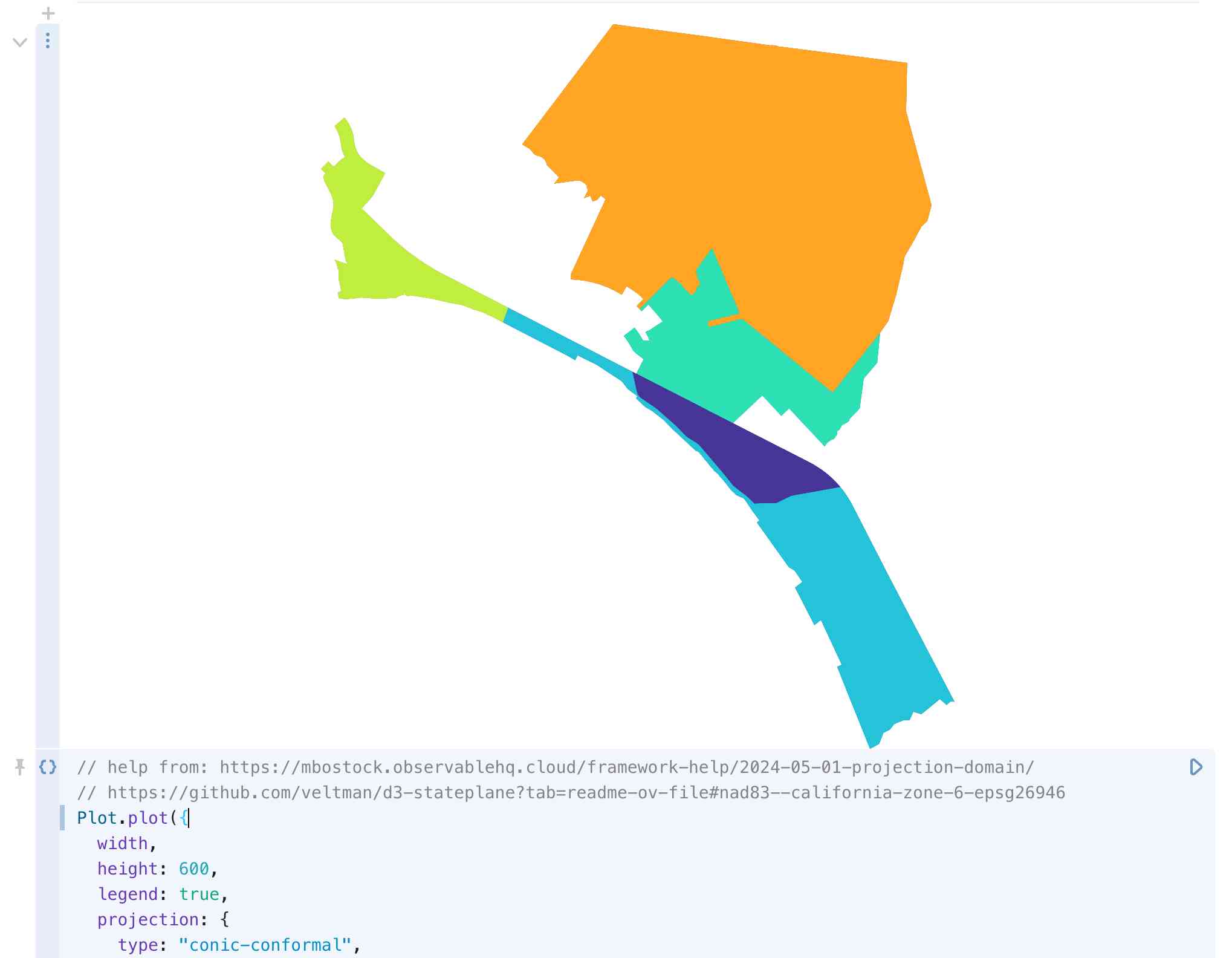 An Observable cell shows six five distinct colored polygons, each for a different precinct. The shape of El Granada is clearly visible despite no other map tiles or labels.