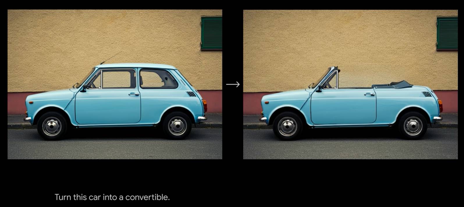 On teh left a photo of a mini. A prompt says Turn this car into a convertible and ond the right is that car but now as a convertible.