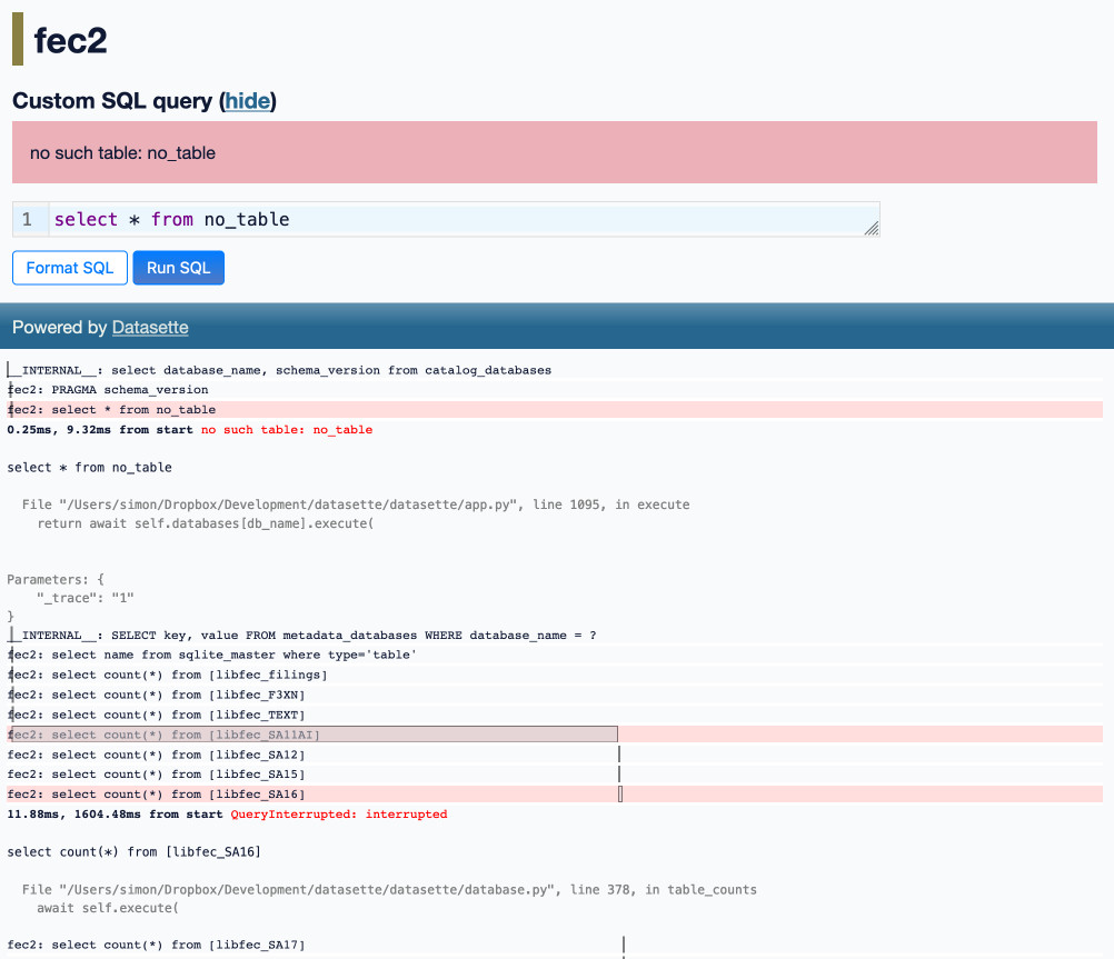 Screenshot showing the new UI - a select * from no_table query is highlighted in pink and has an expanded box with information about where that call was made in the Python code and how long it took. Other queries show a bar indicating how long they took to run.