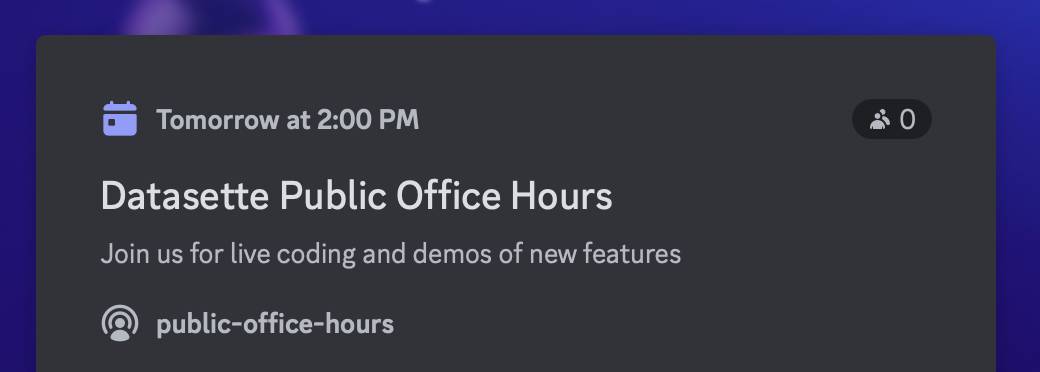 Discord event card promoting Datasette Public Office Hours