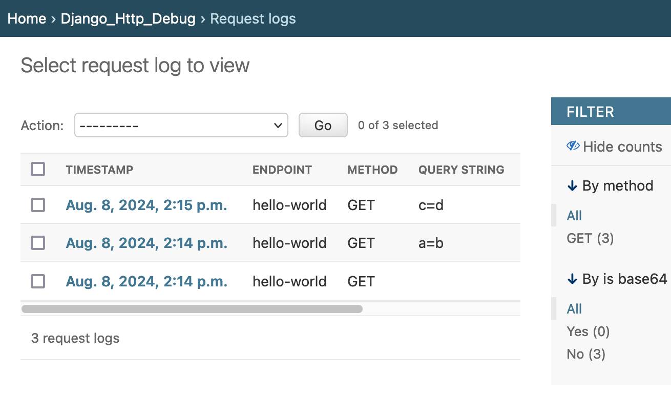 Django admin screenshot showing a list of three logged requests to the hello-world endpoint, all three have a timestamp, method and query string - the method is GET for them all but the query string is blank for one, a=b for another and c=d for a third.