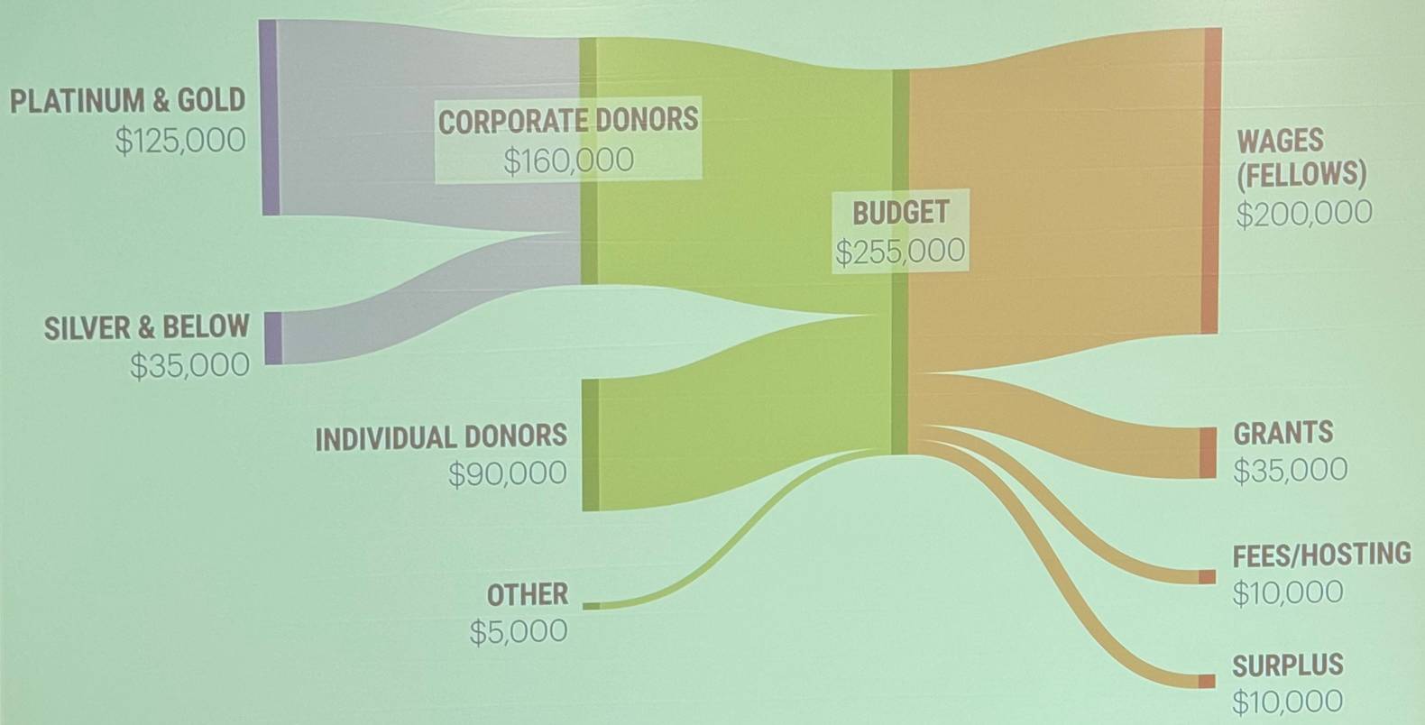 Financial breakdown diagram with the following numbers:  PLATINUM & GOLD: $125,000 CORPORATE DONORS: $160,000 BUDGET: $255,000 SILVER & BELOW: $35,000 INDIVIDUAL DONORS: $90,000  Spending:  WAGES (FELLOWS): $200,000 GRANTS: $35,000 OTHER: $5,000 FEES/HOSTING: $10,000 SURPLUS: $10,000​​​​​​​​​​​​​​​​