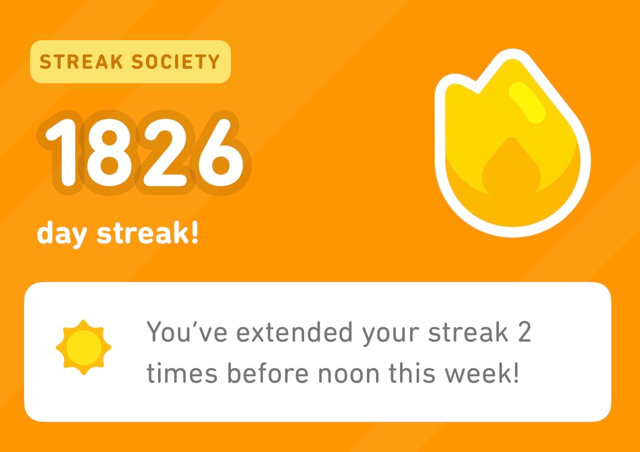 Duolingo screenshot: Streak Society - 1826 day streak! You've extended your streak 2 more times before noon this week