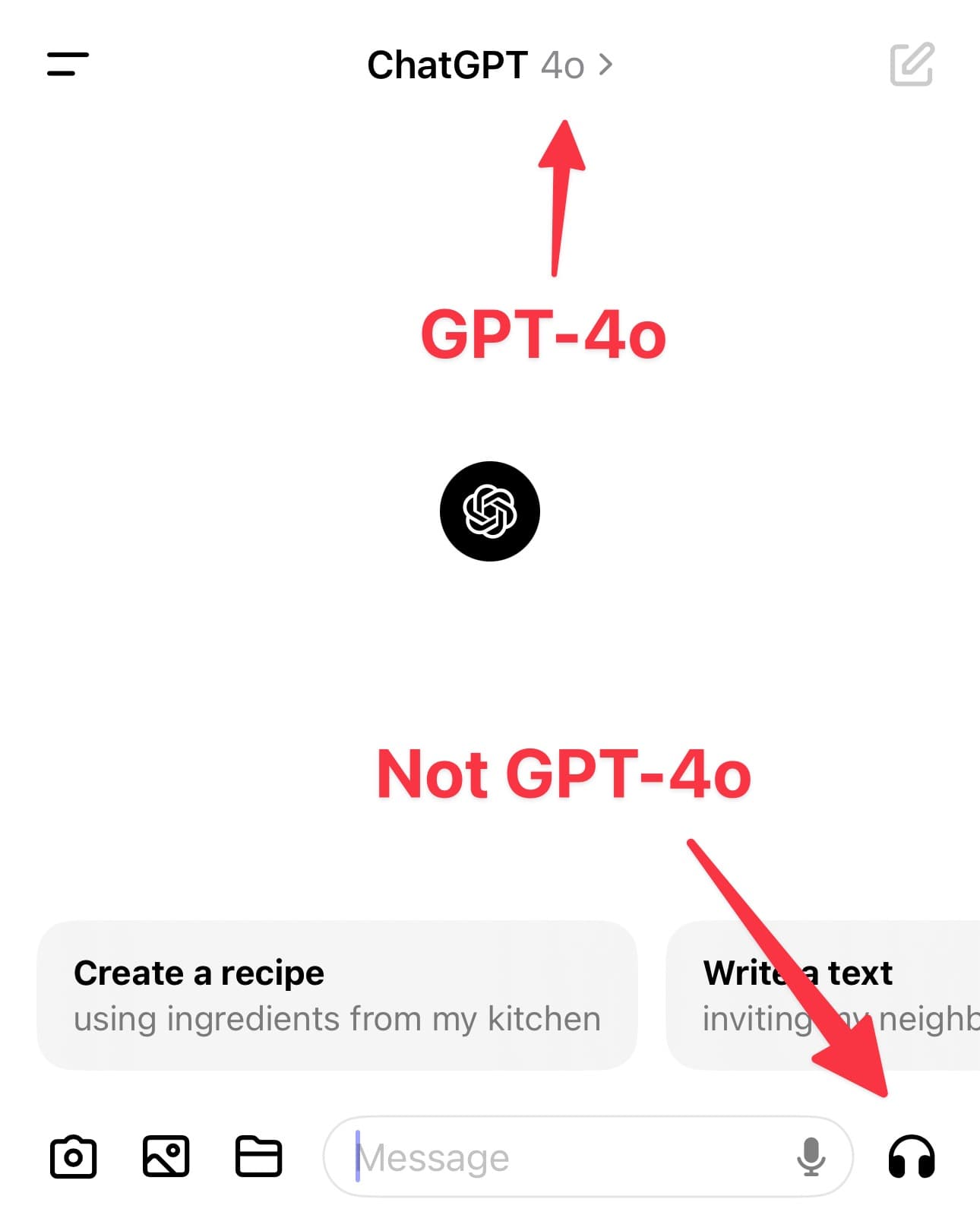 Screenshot of the ChatGPT iPhone app. An arrow points to the 4o indicator in the title saying GPT-4o - another arrow points to the headphone icon at the bottom saying Not GPT-4o