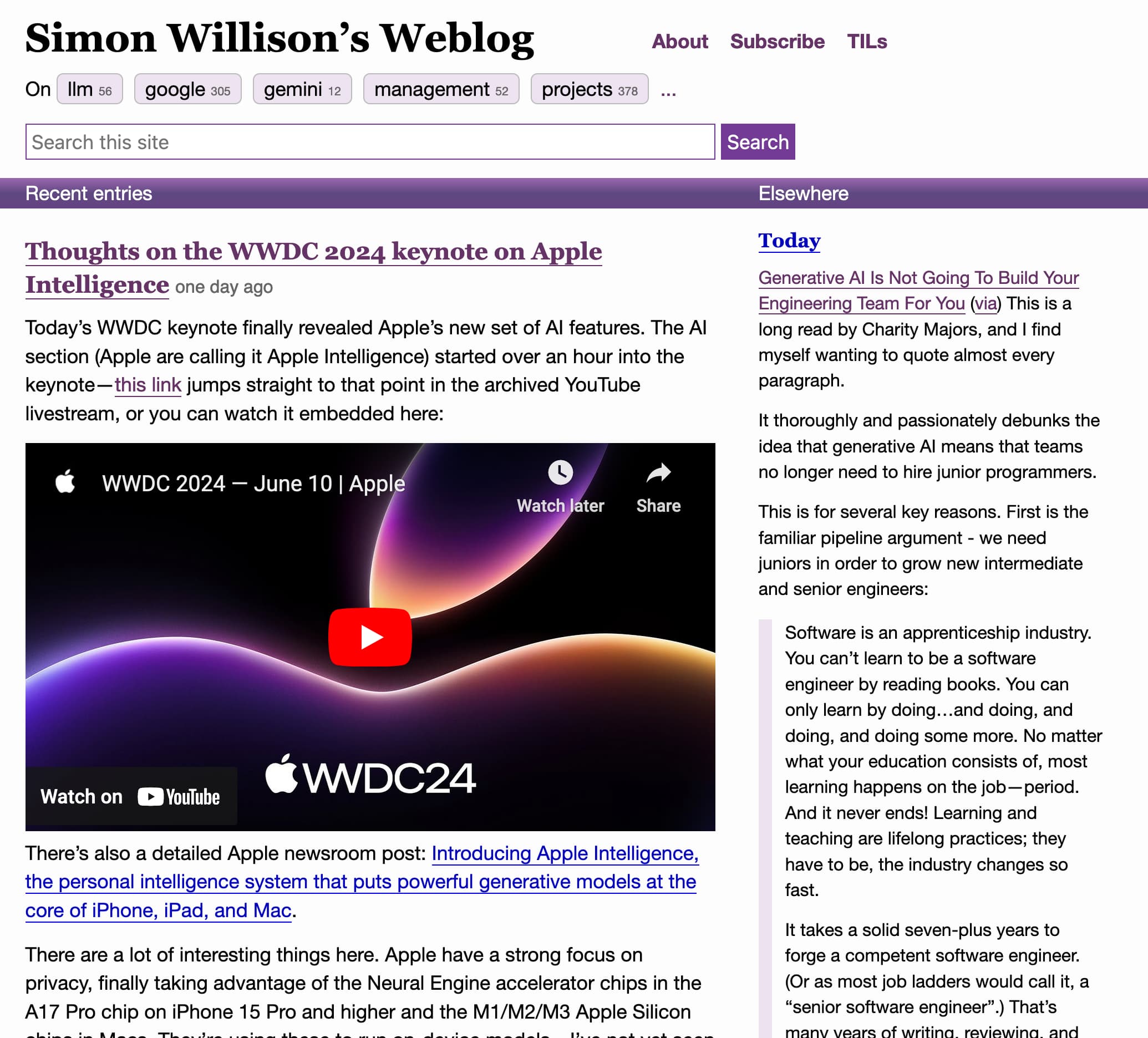 Screenshot of my blog with a big entry about Thoughts on the WWDC 2024 keynote on the left and a sidebar with a long blogmark description in the sidebar on the right