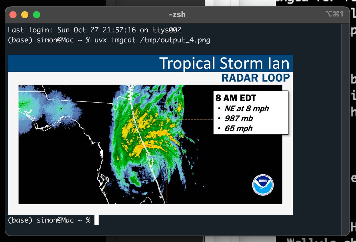 Screenshot of an iTerm2 terminal window. I have run uvx imgcat output_4.png and an image is shown below that in the terminal of a slide from a FEMA deck about Tropical Storm Ian.