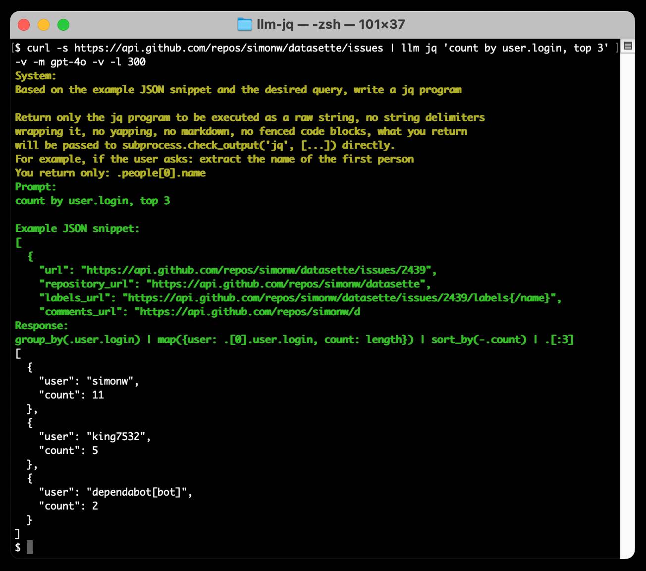 llm-jq is a brand new plugin for LLM which lets you pipe JSON directly into the llm jq command along with a human-language description of how you’d 