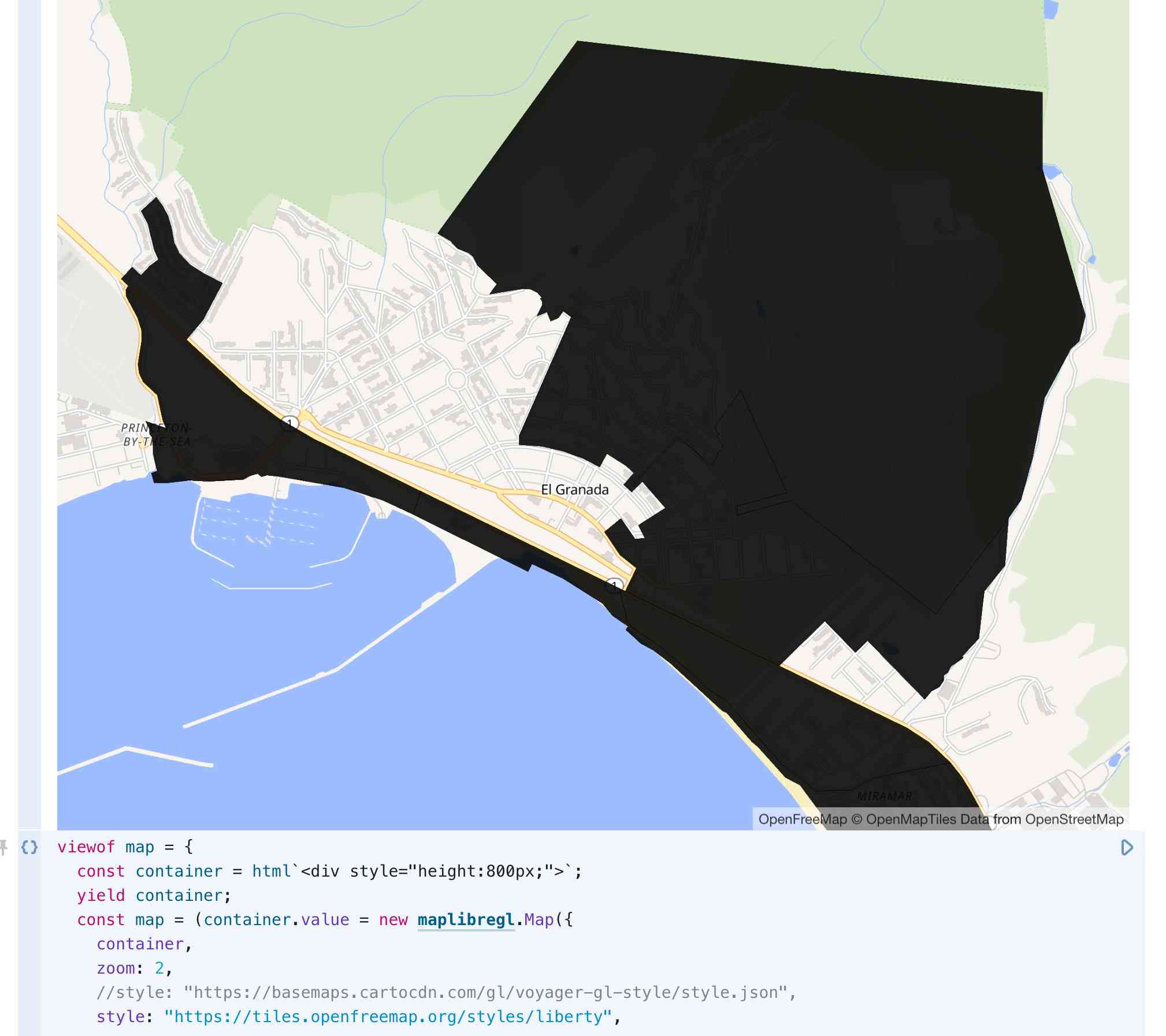 An Observable cell showing a map of El Granada - a black shape shows the outlines of the precincts.