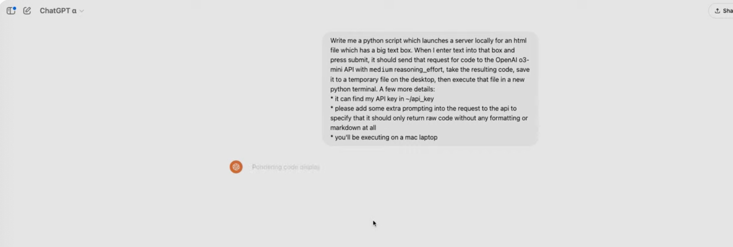 Screenshot of ChatGPT interface showing user request: "Write me a python script which launches a server locally for an html file which has a big text box. When i enter text into that box and press submit, it should send that request for code to the OpenAI o3-mini API with medium reasoning_effort, take the resulting code, save it to a temporary file on the desktop, then execute that file in a new python terminal. A few more details: * it can find my API key in ~/api_key * please add some extra prompting into the request to the api to specify that it should only return raw code without any formatting or markdown at all * you'll be executing on a mac laptop" Status shows "Gathering code inputs" below the request