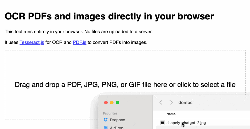首先将一个图像文件拖放到页面上，然后显示该图像和相应的OCR文本。然后单击拖放区域，选择PDF文件-每页PDF都会以OCR文本显示在页面下方。