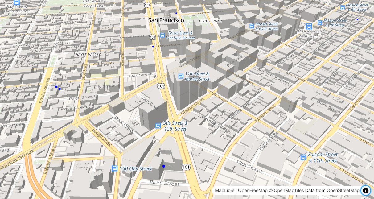 Map of San Francisco in 3D with building shapes and small blue random markers dotted around.