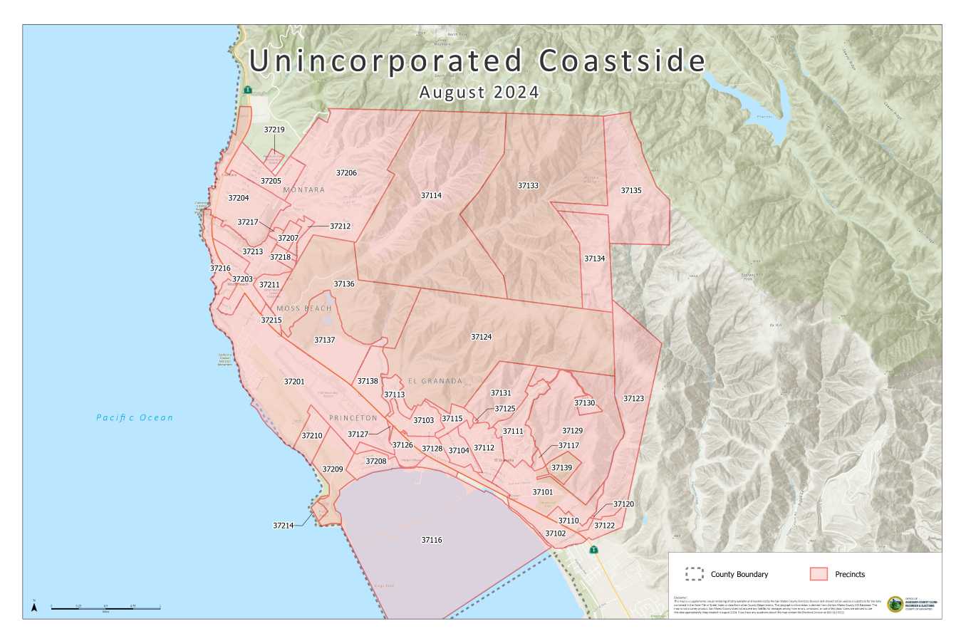 Screenshot from a PDF - label is Unincorporated Coastside, it shows the area north of Half Moon Bay with a bunch of polygons with numeric identifiers.