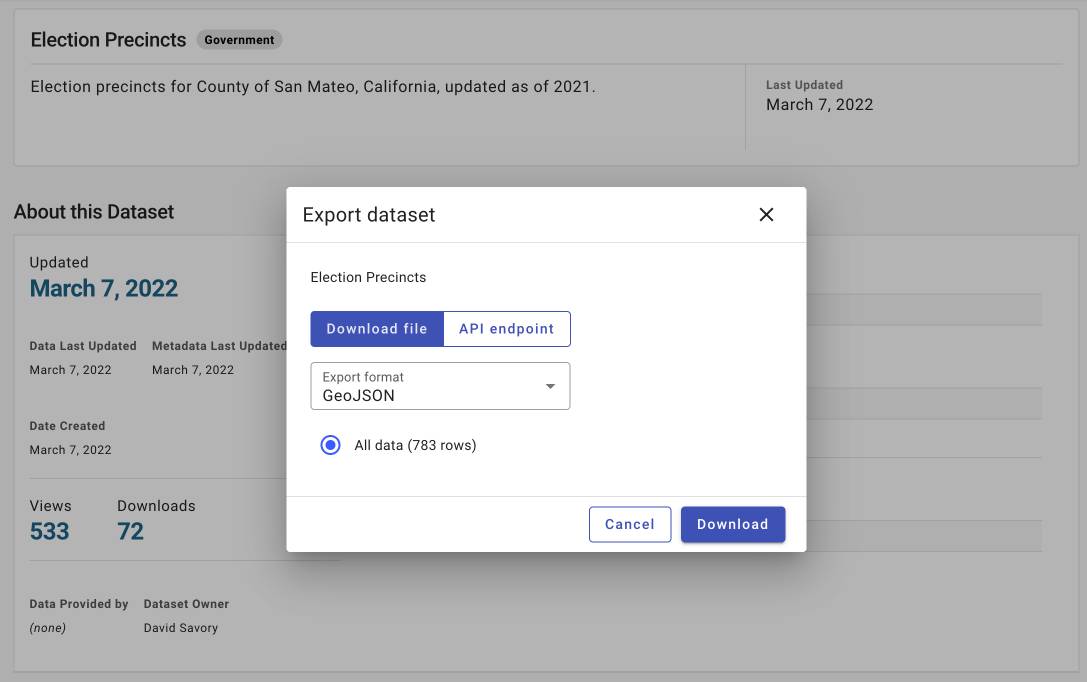 Socrata interface, Election Precincts updated March 7 2022 - 533 views, 72 downloads, and export dataset modal shows a GeoJSON option to export 783 rows.