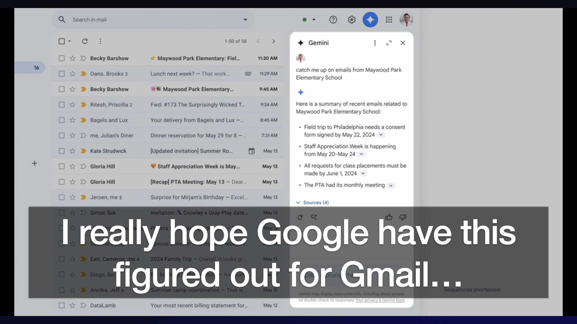 Screenshot of a Gmail digital assistant example. An overlay reads I really hope Google have this figured out for Gmail...