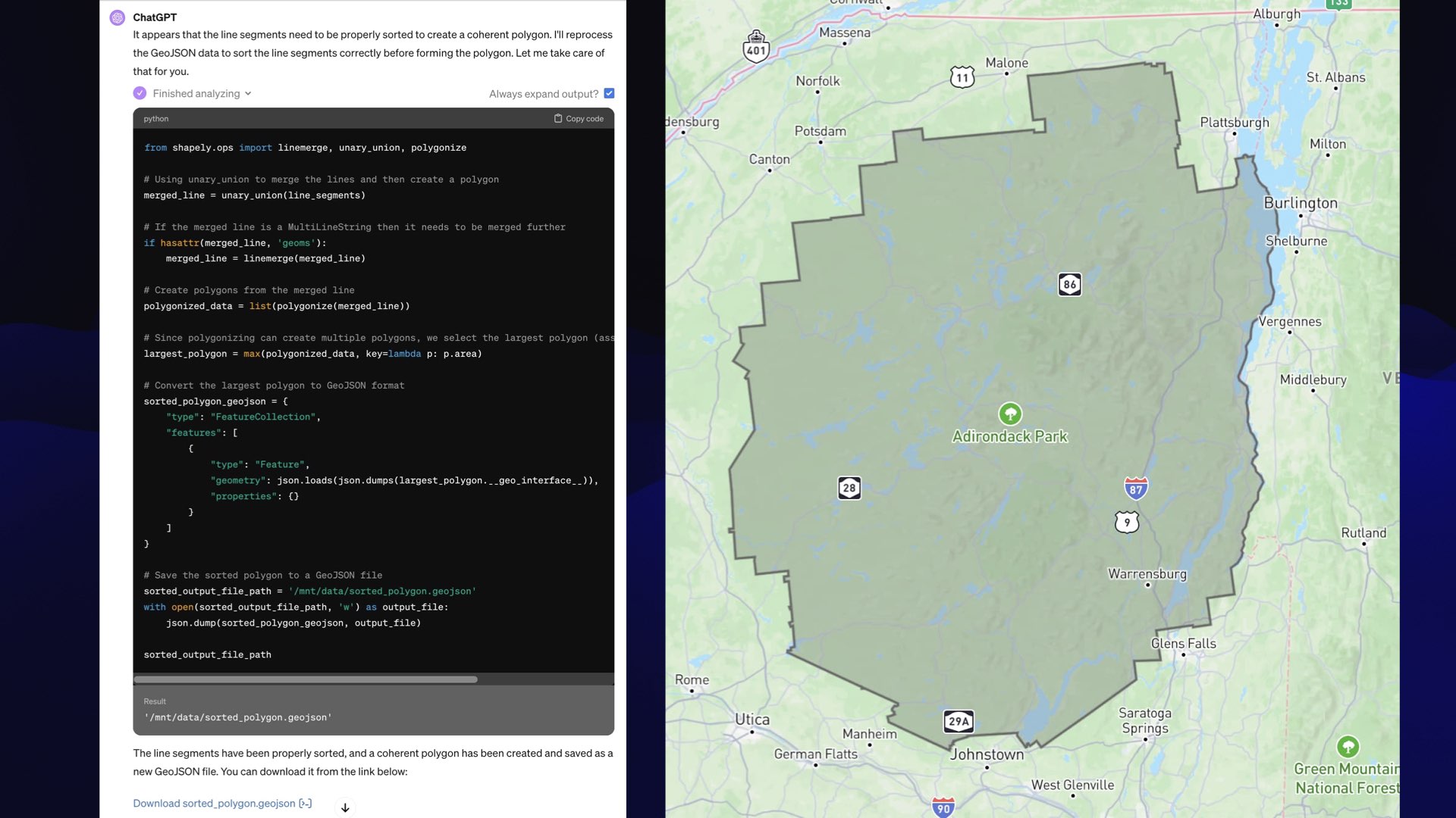 ChatGPT:  It appears that the line segments need to be properly sorted to create a coherent polygon. I'll reprocess the GeoJSON to sort the line segments correctly before forming the polygon.   More Python code... and on the right a perfectly detailed shape with the outline of the park.