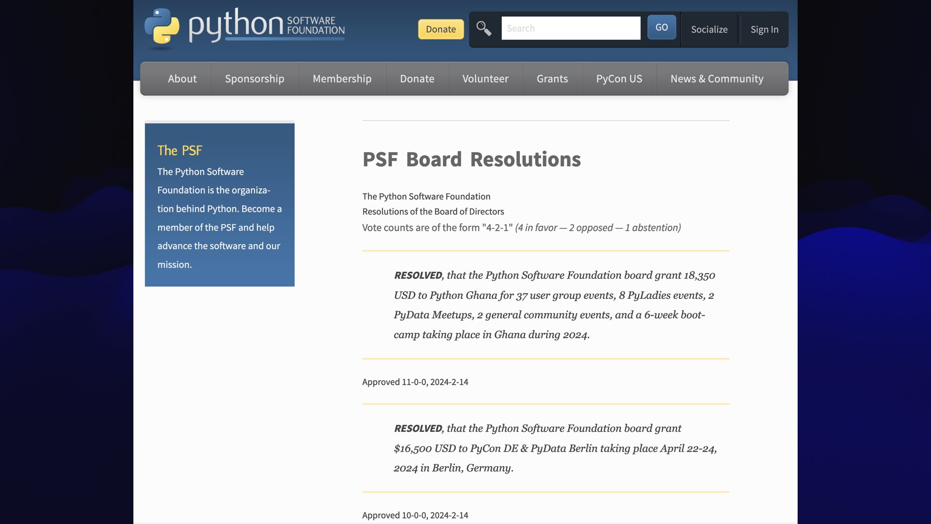 Screenshot of the PSF Board Resolutions page on the Python website.
