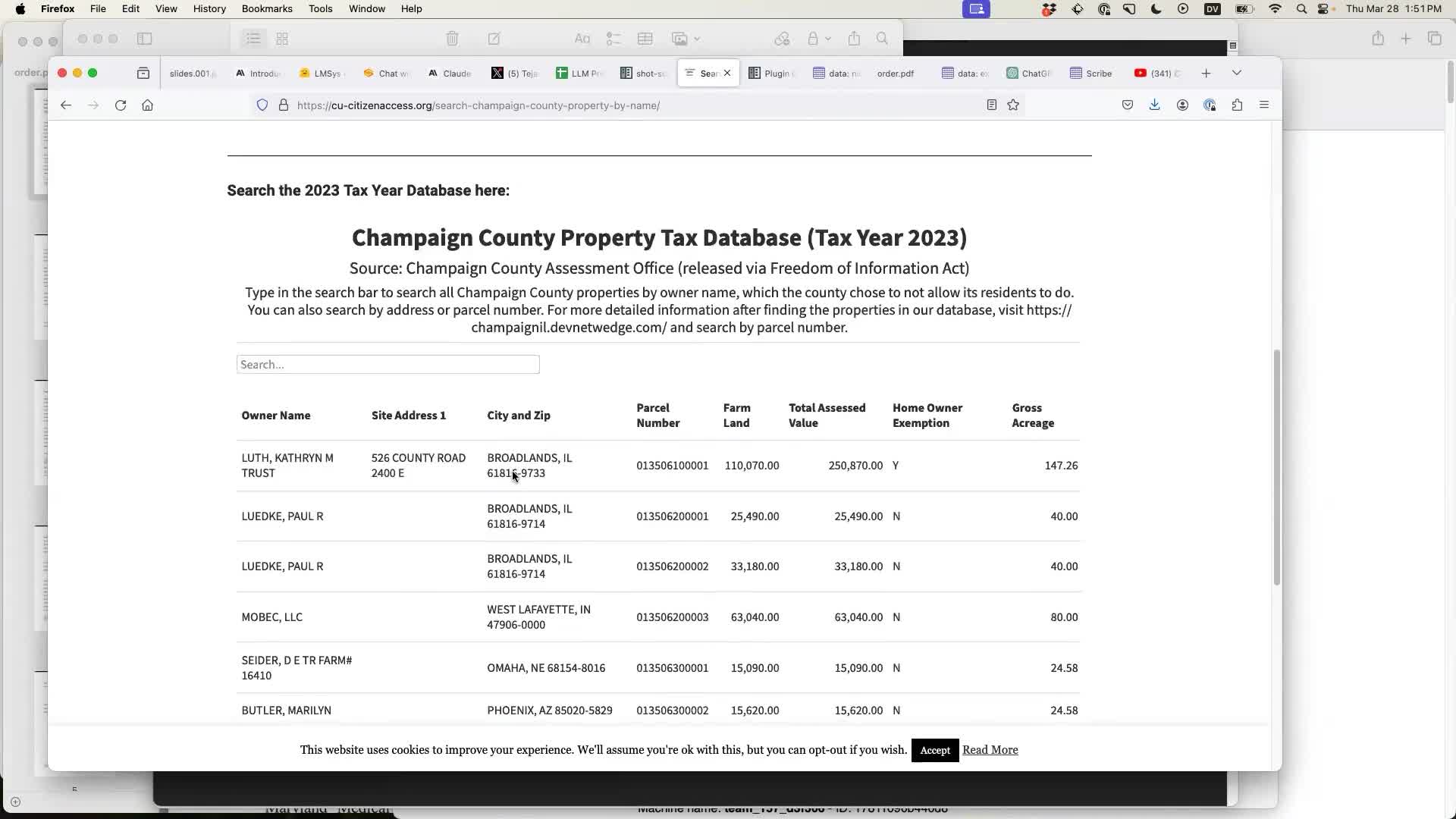 Champaign County Property Tax Database (Tax Year 2023) Source: Champaign County Assessment Office (released via Freedom of Information Act) Type in the search bar to search all Champaign County properties by owner name, which the county chose to not allow its residents to do.