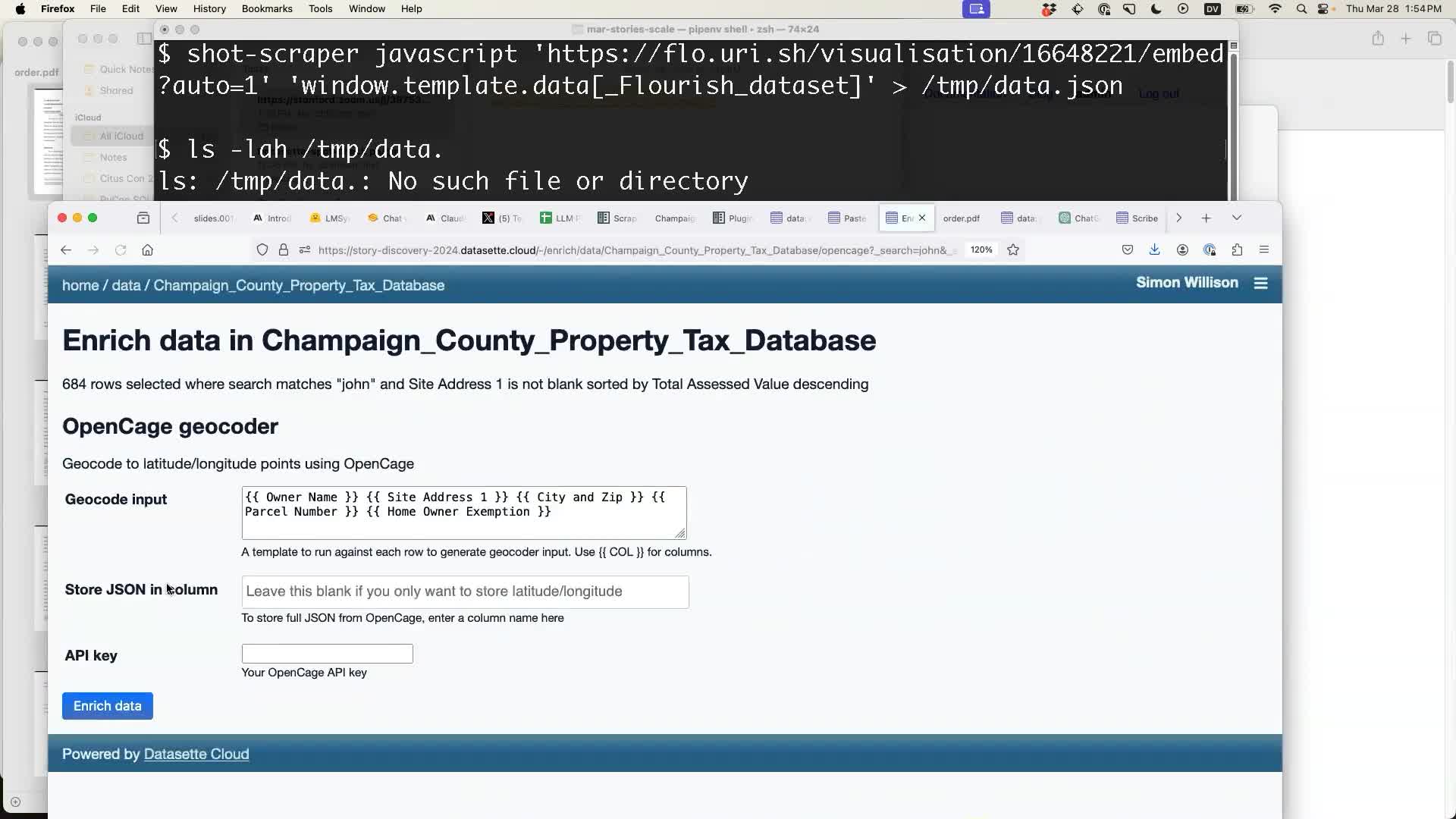 Enrich data in Champaign_County Property Tax Database. 684 rows selected where search matches "john" and Site Address 1 is not blank sorted by Total Assessed Value descending. to latitude/longitude points using OpenCage. Geocode input: {{ Owner Name }} {{ Site Address 1 }} {{ City and Zip }} {{ Parcel Number }}. Checkbox for Store JSON in a column. API key input: Your OpenCage API key. Button: Enrich data