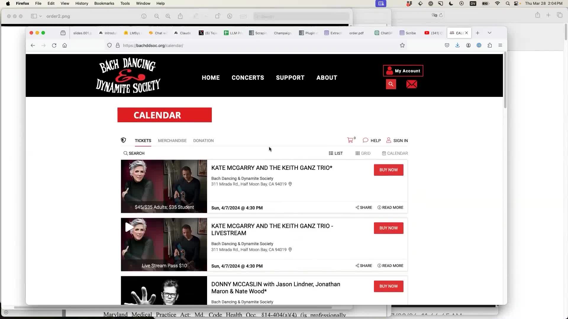 The events calendar page on their website