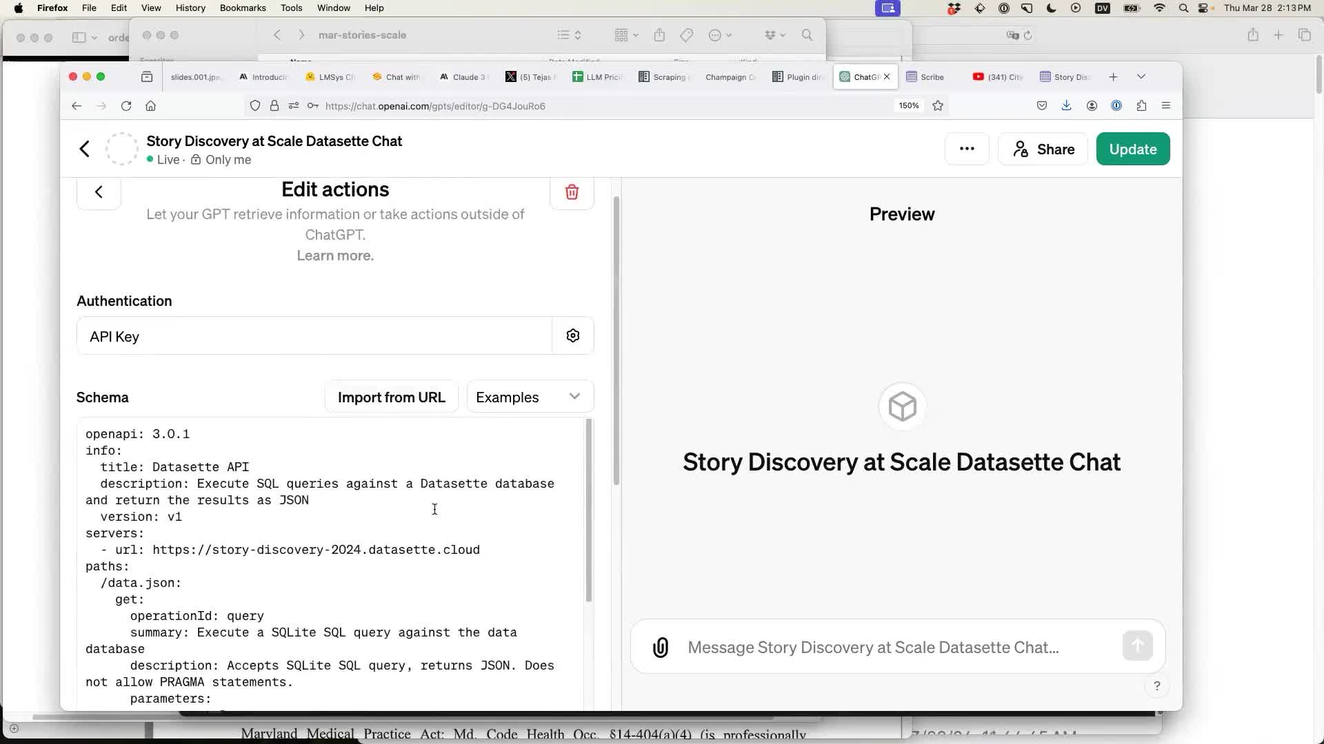 Screenshot of the Edit actions panel for a Story Discovery at Scale Datasette Chat GPT. The actions panel is set to authentication by API key and has a YAML schema pasted in that describes the Datasette API.