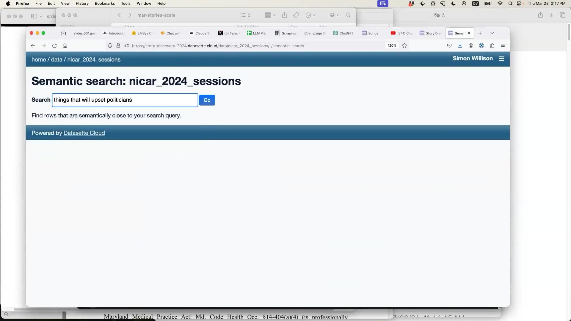 Semantic search: nicar_2024_sessions. Search box and a Go button. Find rows that are semantically close to your search query.
