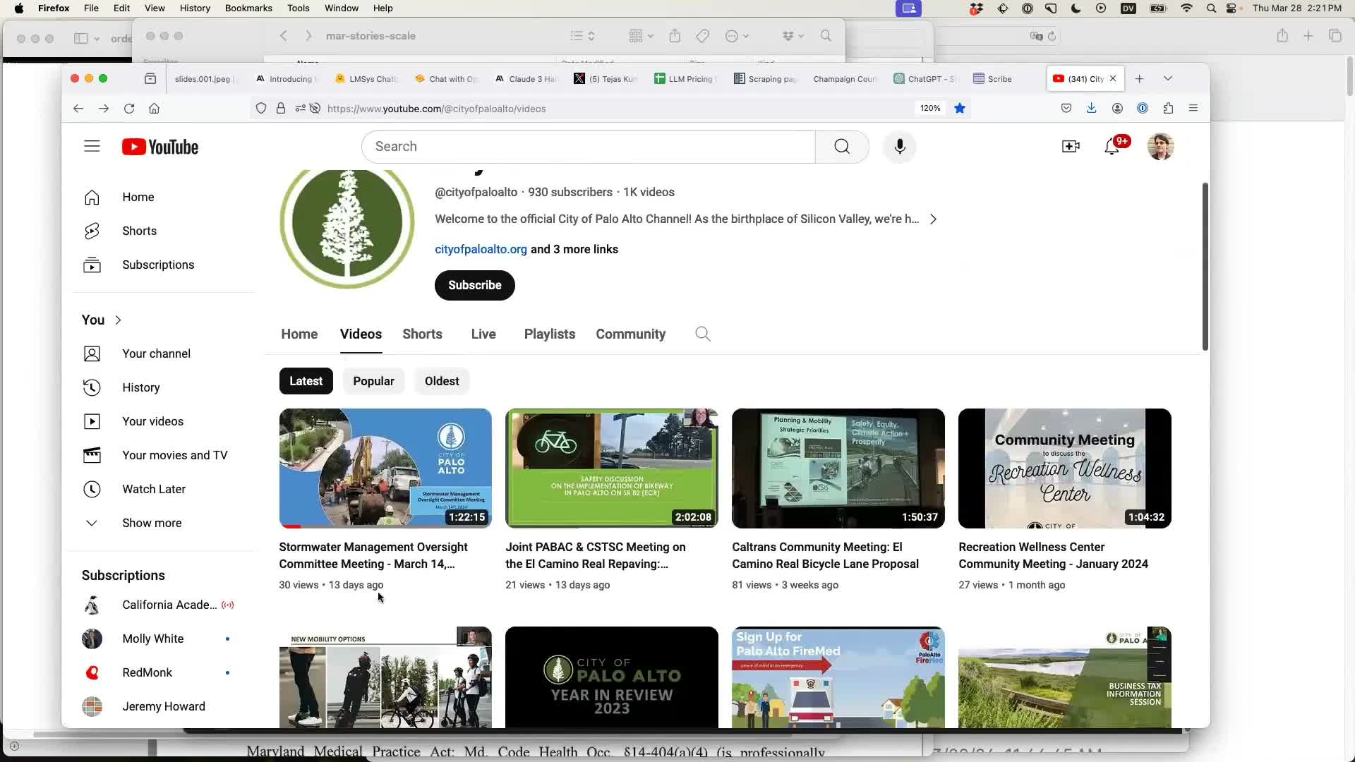 YouTube City of Palo Alto - the top video is Stormwater Management Oversight Committee Meeting - March 14, 30 views • 13 days ago