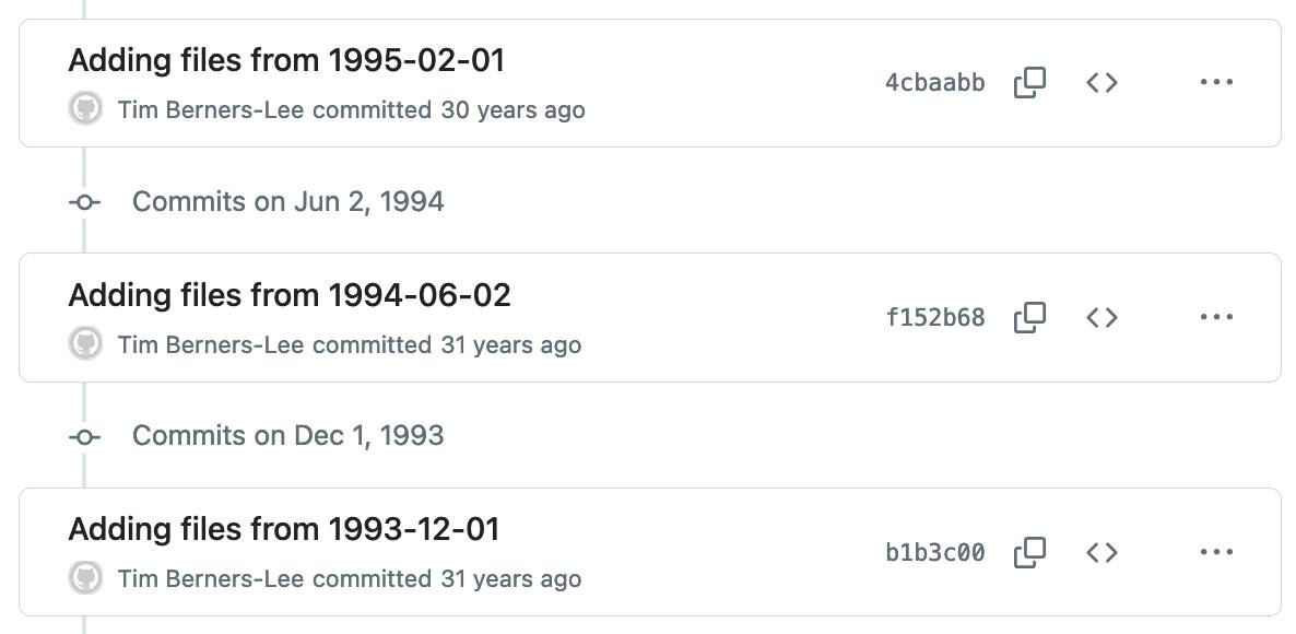 Three commits credited to Tim Berners-Lee, in 1995, 1994 and 1993