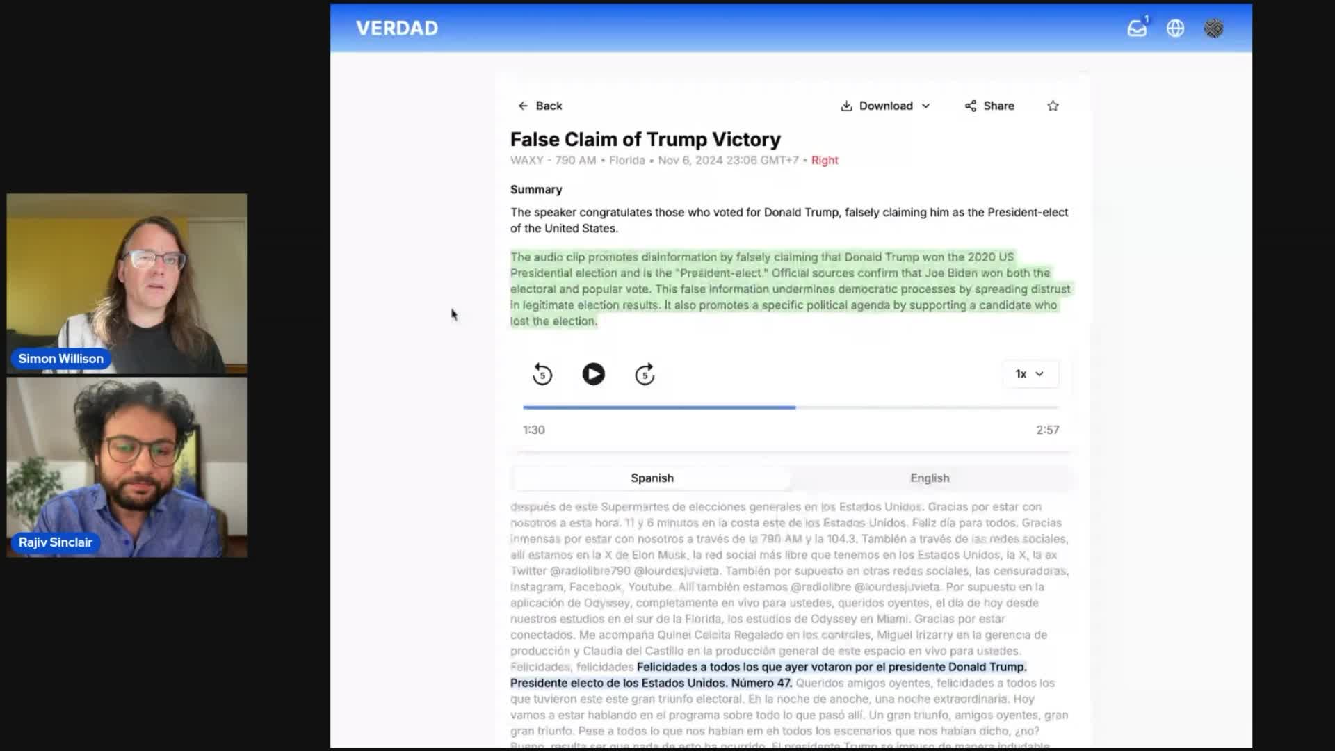 Screenshot of VERDAD content moderation interface showing detailed view of a post titled False Claim of Trump Victory from WAXY radio station in Florida. Shows audio player with Spanish/English transcript toggle, green highlighted fact-check box. Post metadata indicates "Right" political leaning and timestamp Nov 6, 2024 23:06 GMT+7.