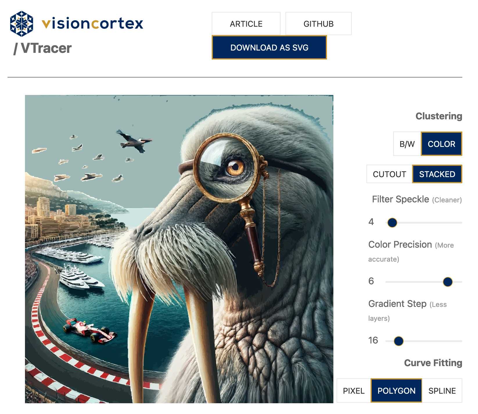 Screenshot of VisionCortex VTracer web interface. Central image shows a surreal scene with a giant pelican wearing a monocle, overlooking a coastal city with yachts and an F1 car. UI elements include: logo, download options, and image processing controls for clustering, filtering, color precision, gradient step, and curve fitting.