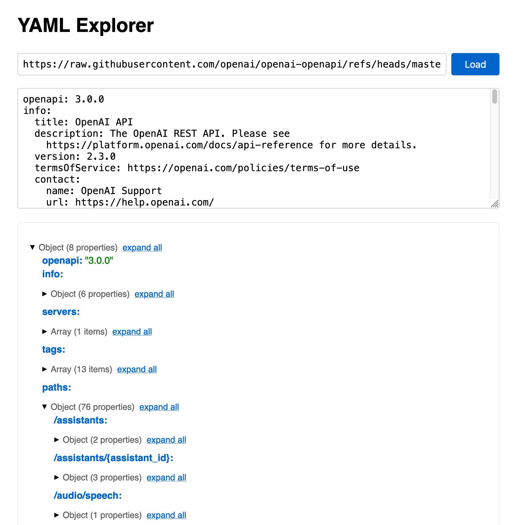 Screenshot of the YAML explorer, showing a partially expanded set of sections from the OpenAI API specification.