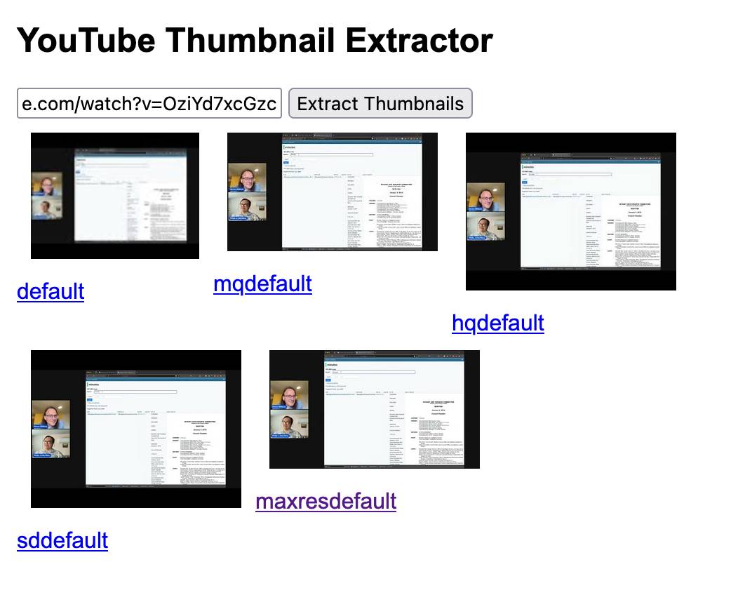 YouTube Thumbnail EXtractor. The URL has been entered and a Extract Thumbnails button clicked. It shows five thumbnails, for default and mqdefault and hqdefault and sddefault and maxresdefault - they are each the same size with a hyperlink to the full version.